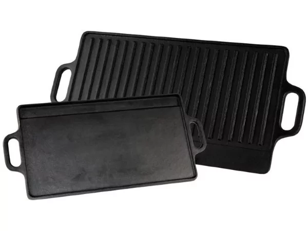 Plancha fonte 2 côtés lisse/grille 2 anses L380xB230mm