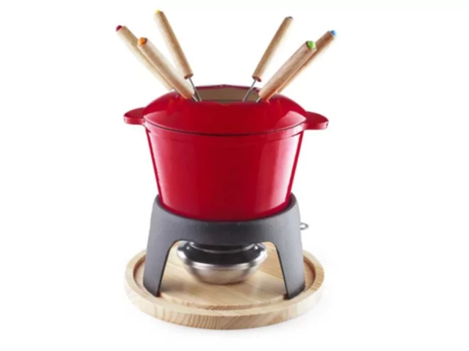 Fondue stel gietijzer op houten plank rood Ø165mm 1200ml