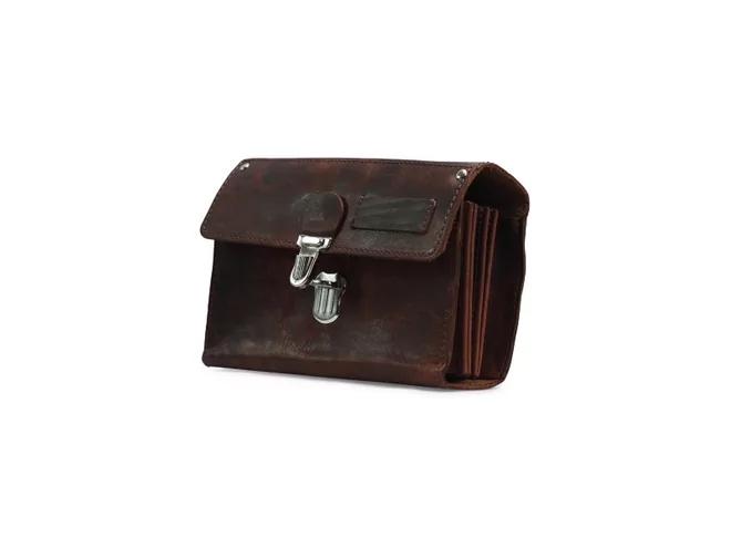 Portefeuille vintage cuir brun 6 compartiments + ceinture + bouton po